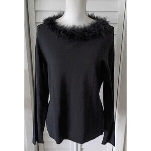 August‎ Silk Black Feather Collar long sleeve women's sweater XL
